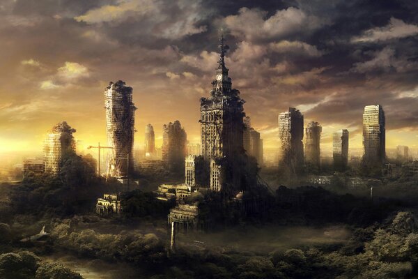 A city in ruins at sunset