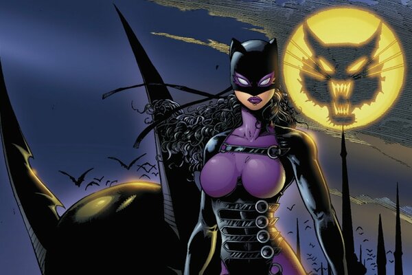 Catwoman en latex dans la nuit sur beau fond