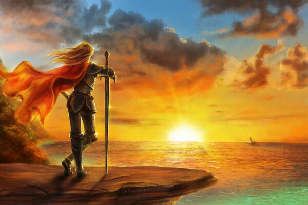 A girl in armor and with a sword looks at the sunset
