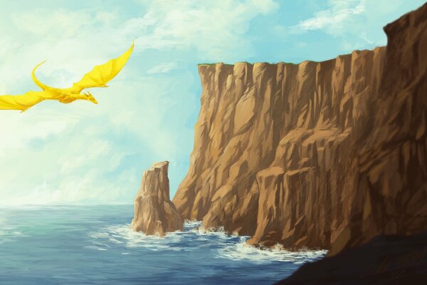 The dragon hovers over the sea at the coastal cliffs
