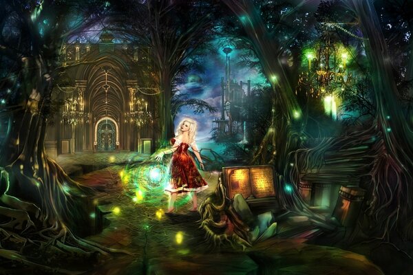 A girl in a castle with a magical forest