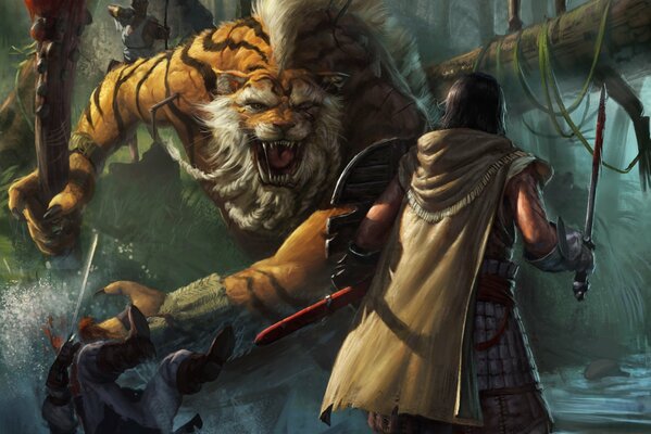 A fantasy image of a battle with a tiger