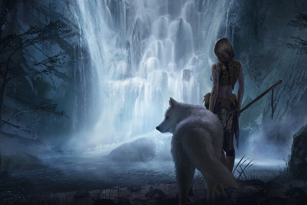 A girl with a white wolf stands at a waterfall