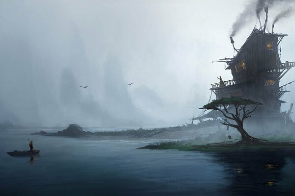 Fantasy landscape of a wooden house in the fog