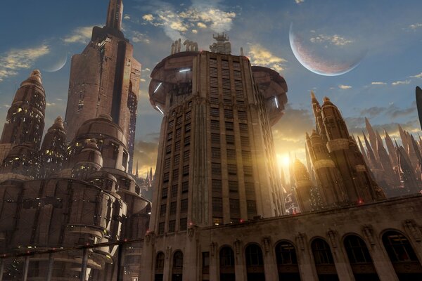 Metropoli del futuro. Grattacieli sullo sfondo del tramonto