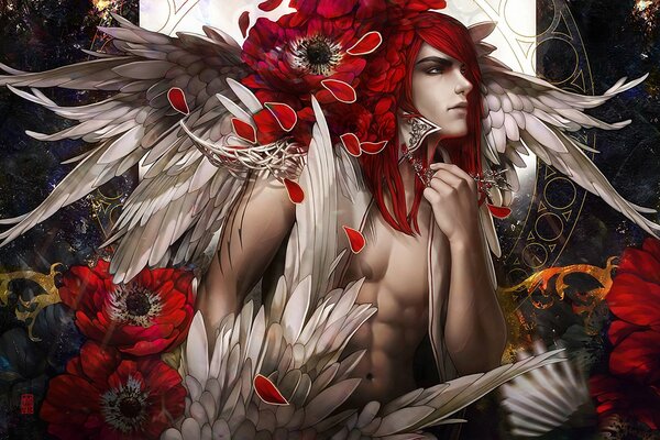 A red-haired guy with wings among poppies