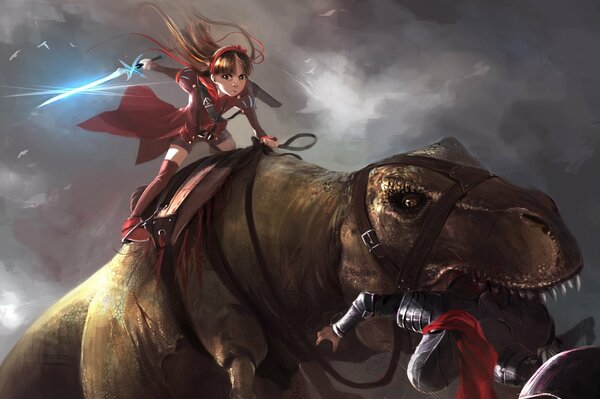 A girl rider on her fighting dinosaur