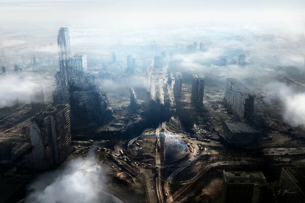 Post-apocalypse city under the clouds