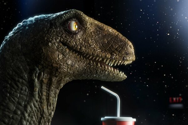 Boire une boisson la nuit un dinosaure heureux