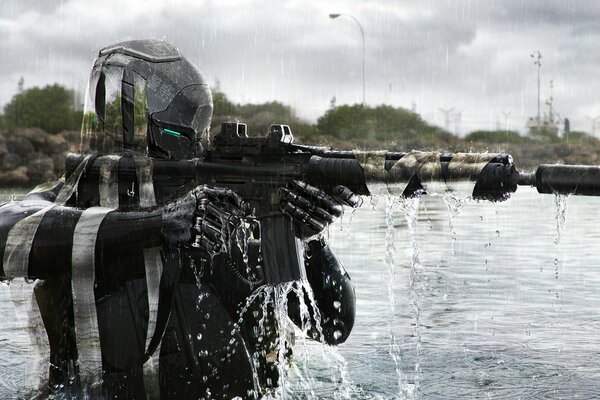 A fantastic soldier standing half in the water with a machine gun in his hands