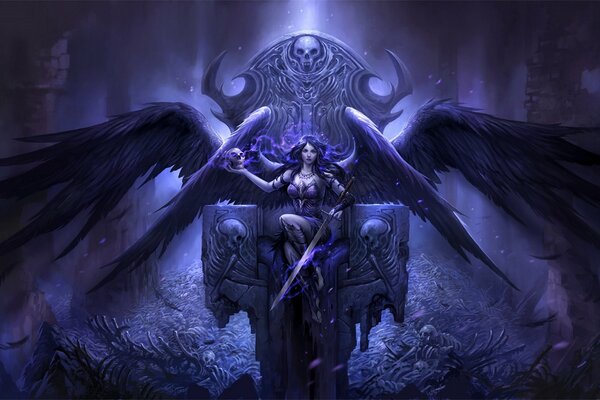 Девушка ангел на троне со скелетом и костями