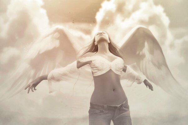 Girl in jeans with angel wings