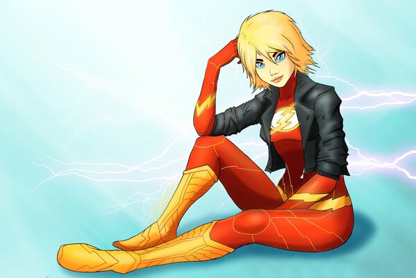 A girl in a red and yellow supersuit with zippers