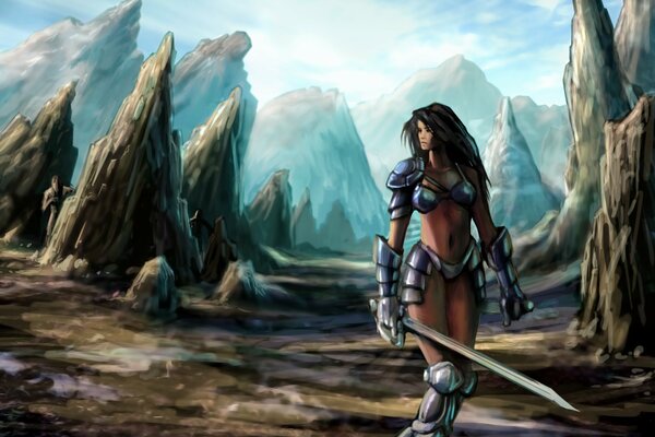 A girl in armor on a background of rocks