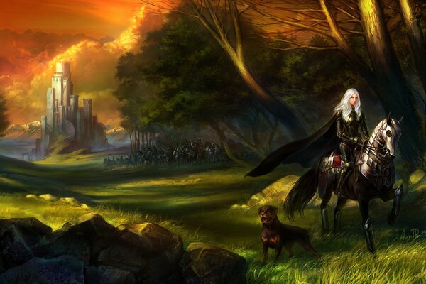 Die Reiterin und ihr Hund halten den Weg vom Schloss zur Jagd