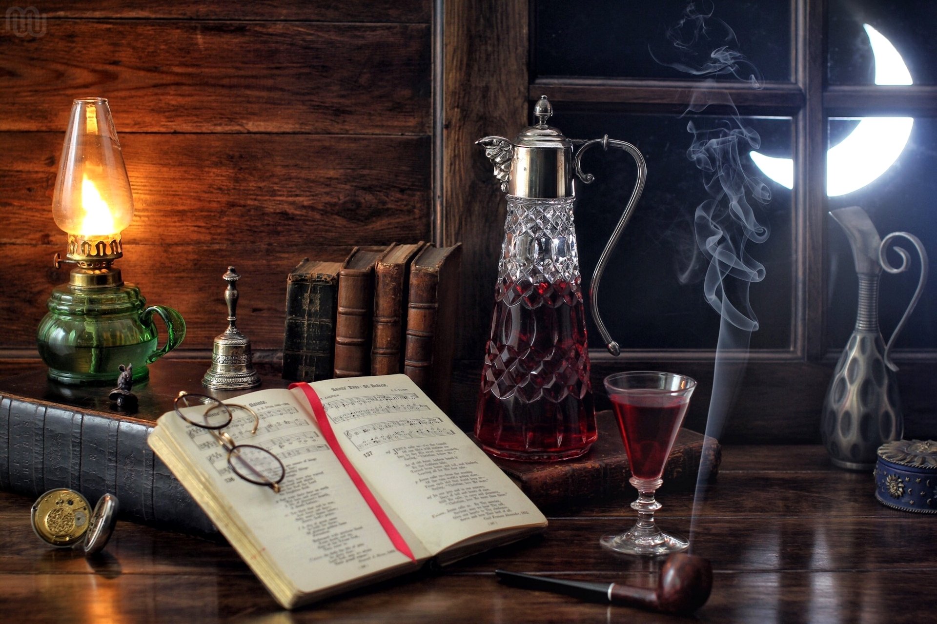 till life carafe wine glass book notes tube window moon smoke sunglasses bell light watche