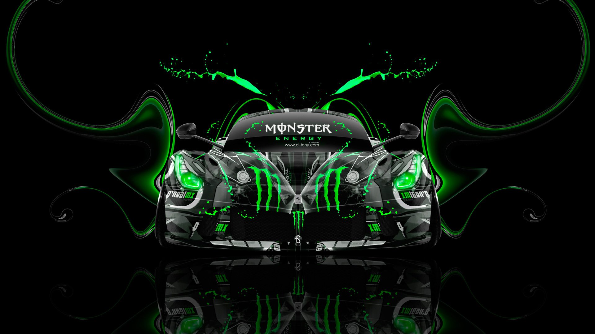 tony kohan ferrari laferrari monster energy front super kunststoff säure trinken auto airbrush grün neon effekte hybrid el tony cars photoshop wallpaper design kunst stil monster energy ferrari laferrari ferari lafayette