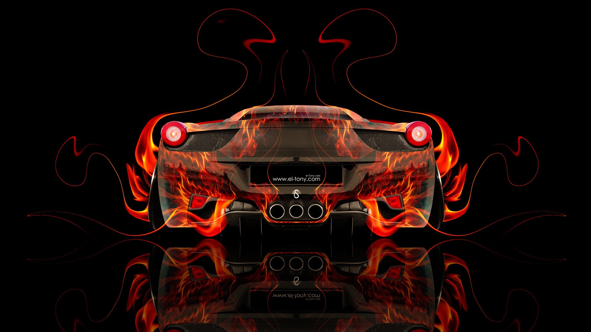 tony cohan ferrari italia back fire abstract car orange black colors wallpaper el tony cars photoshop art design style ferrari italy rear view fiery car fiery auto fire flame background color