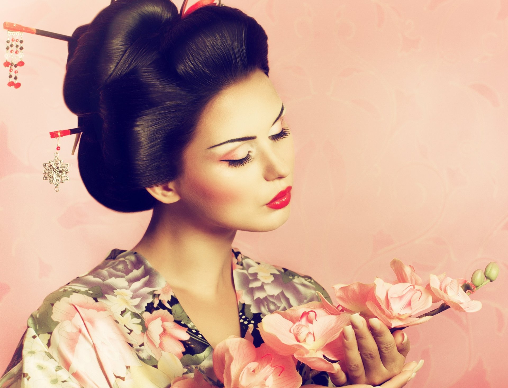 ragazza. trucco kimono giappone sakura acconciatura sfondo