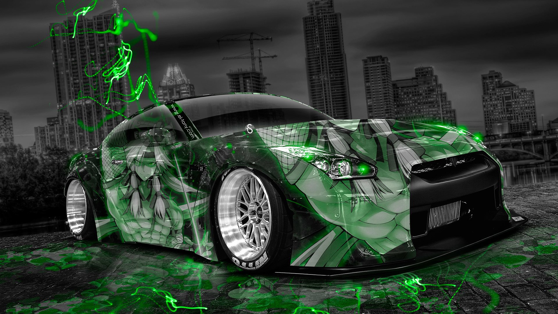 tony kohan nissan gtp r35 tuning anime airbrush grün neon effekte stil stadt nacht jdm el tony cars photoshop design nissan gtp er 35 grün tapete 2014