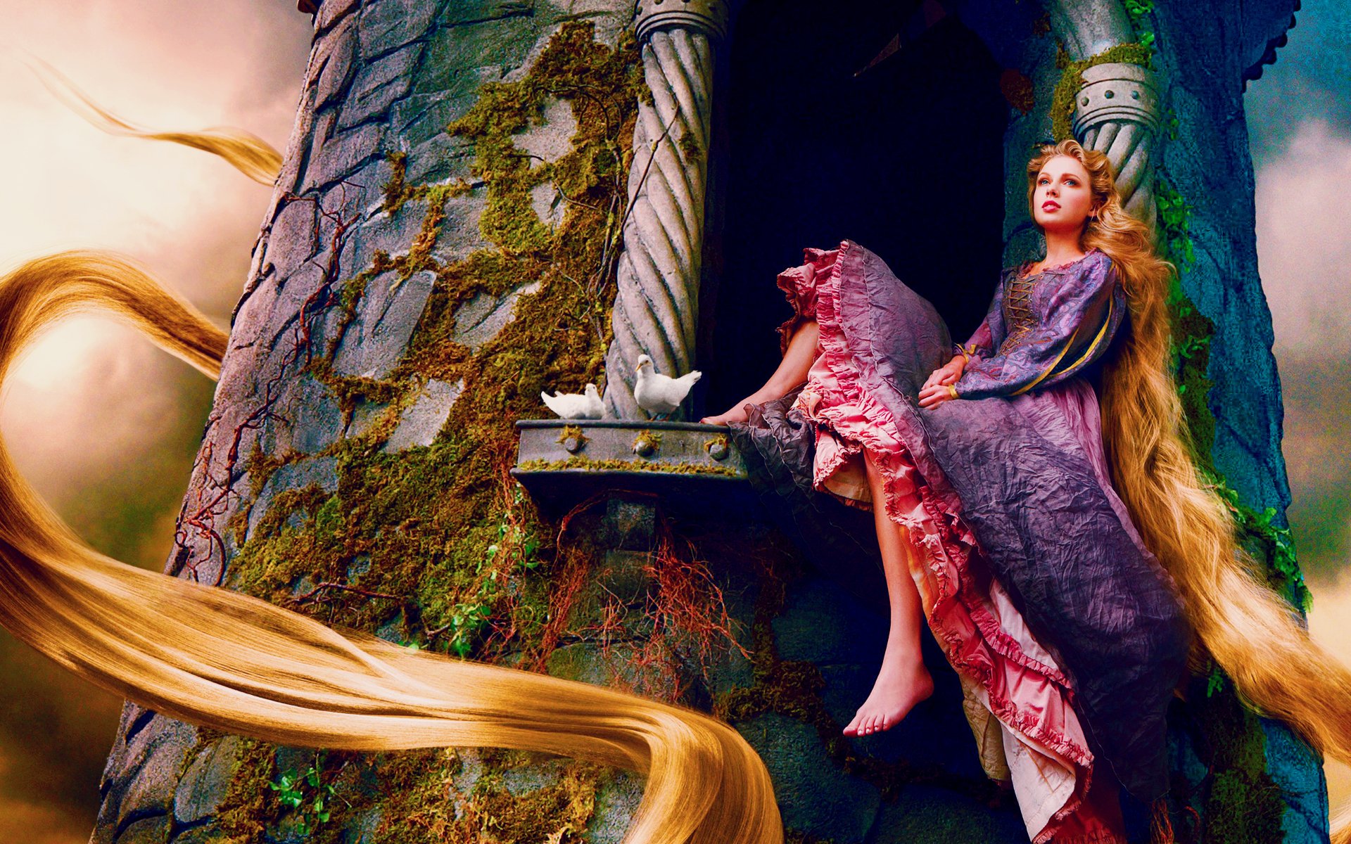 taylor swift chanteur assis tour fenêtre mousse pigeons cheveux longs rapunzel