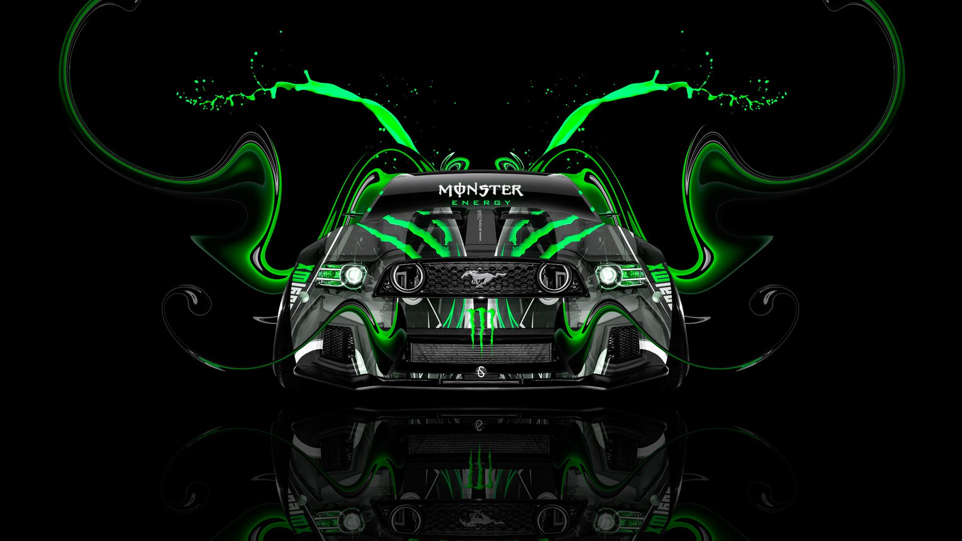 tony cohan monster energy logo ford mustang gt muscolare auto anteriore verde aerografo tuning acido bere nero el tony cars photoshop design arte stile carta da parati gt monster energy vista frontale olio muscolo car