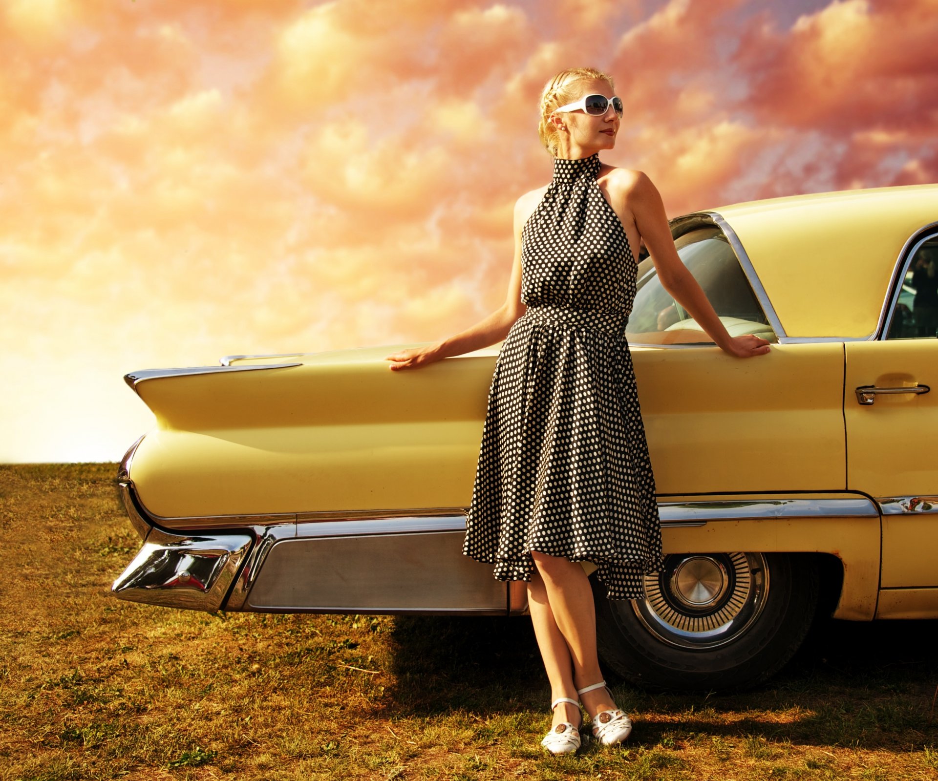 auto aussehen mädchen schönheit landschaft kleid stil retro