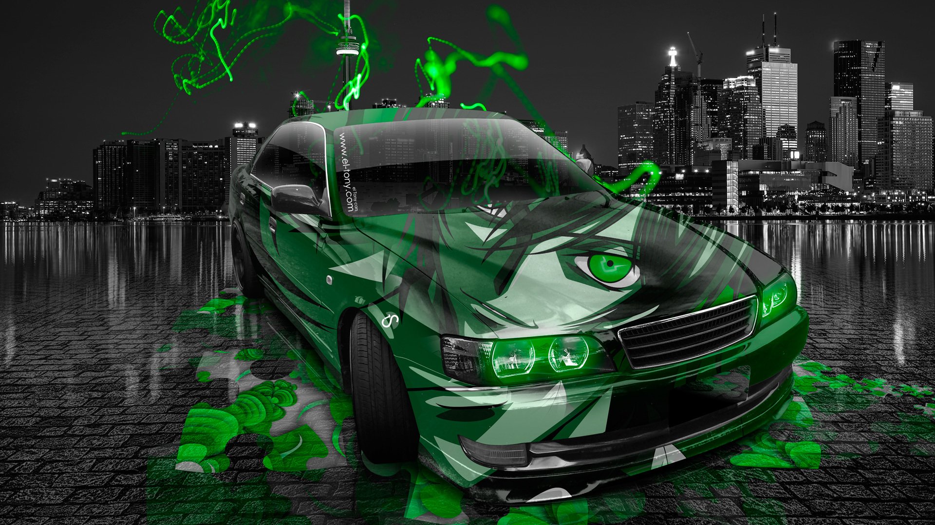 tony kohan toyota chaser jzx100 jdm anime airbrush samochód chłopiec zielony neon efekty noc miasto el tony cars design sztuka styl tapeta japonia photoshop toyota chajzer anime 100 karoseria japończyk japonka zielony samochód zielony