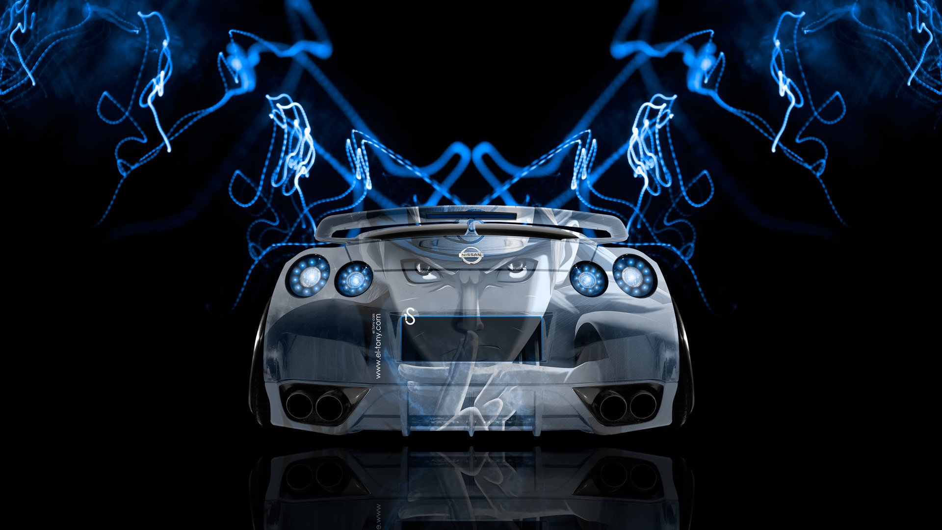 tony kohan nissan gtr r35 jdm back anime airbrush blue neon effects el tony cars photoshop design style nissan gtr er 35 rear view blue blue anime wallpaper 2014