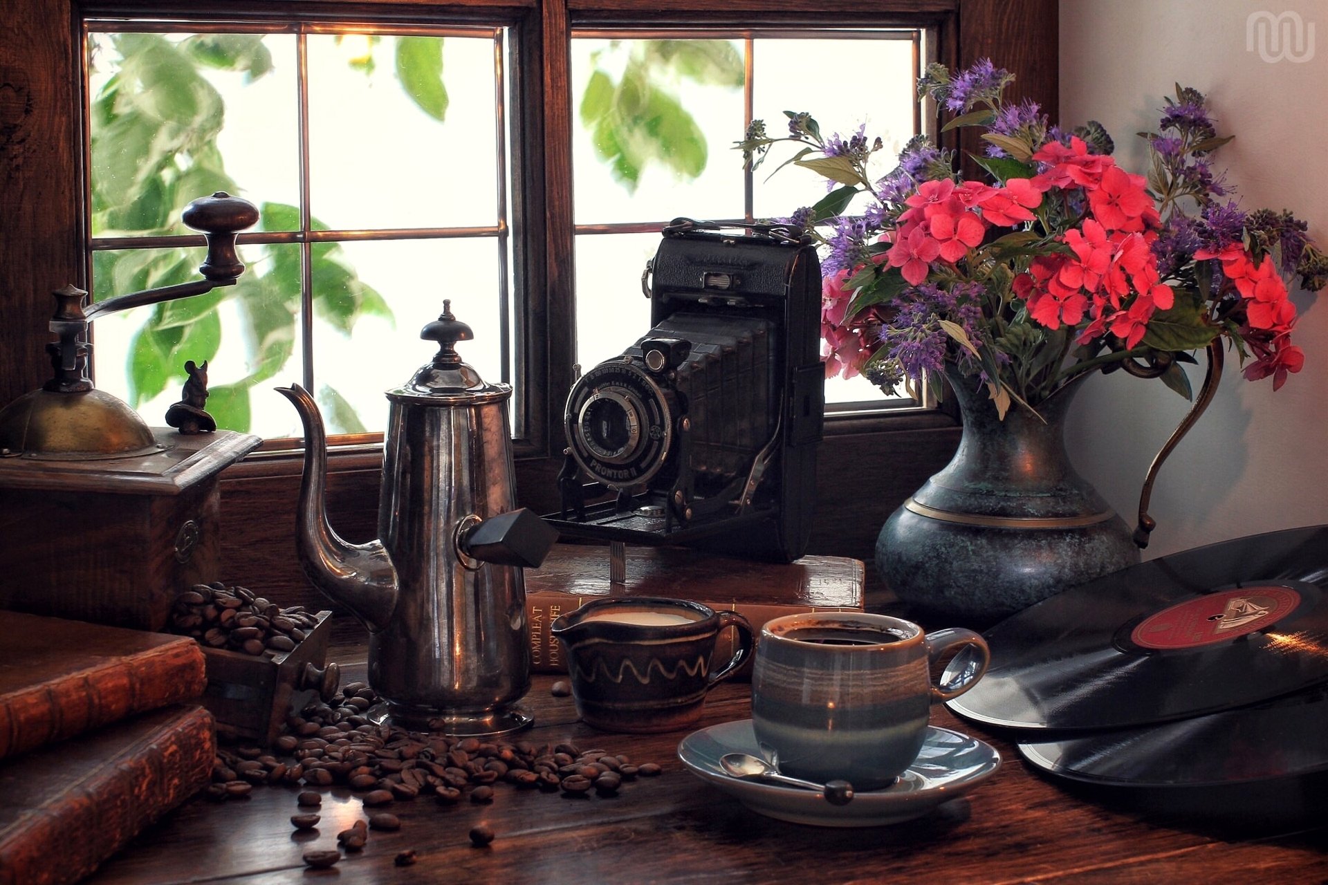 retro macchina fotografica caffè caffettiera dischi in vinile bouquet fiori finestra still life libri macinino da caffè