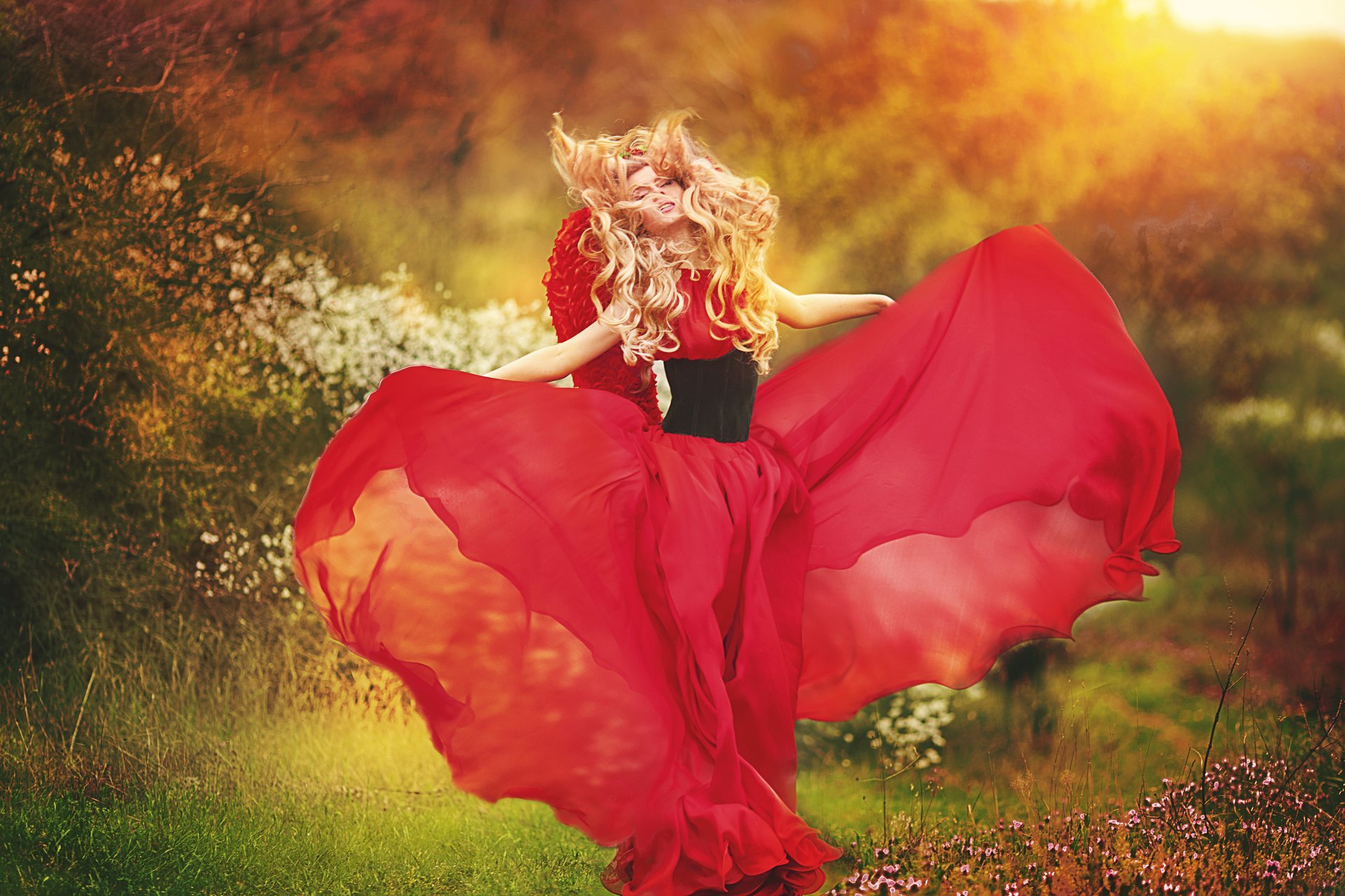 girl blonde dress green flower wing