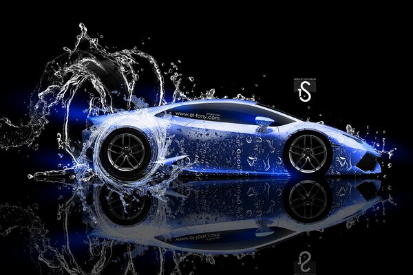 Beautiful car on a reflective surface with splashes of water