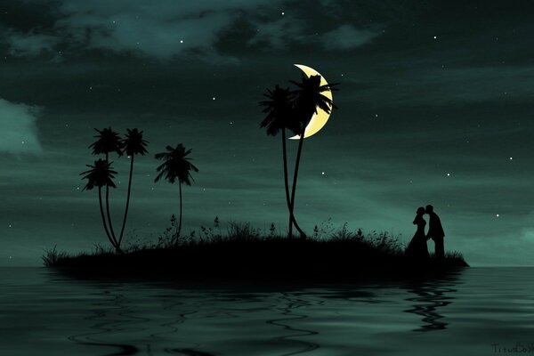 Couple on the island against the background of palm trees and the moon