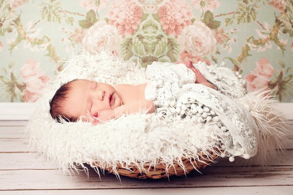 Newborn baby on a soft basket