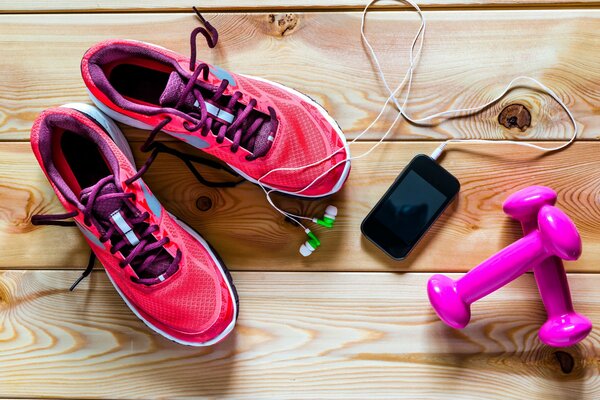 Fitness kit. Red sneakers