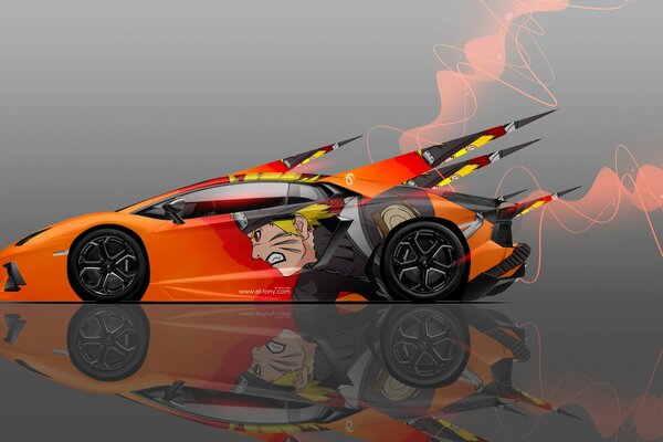 Das orangefarbene Auto mit Naruto ist ein Lamborghini