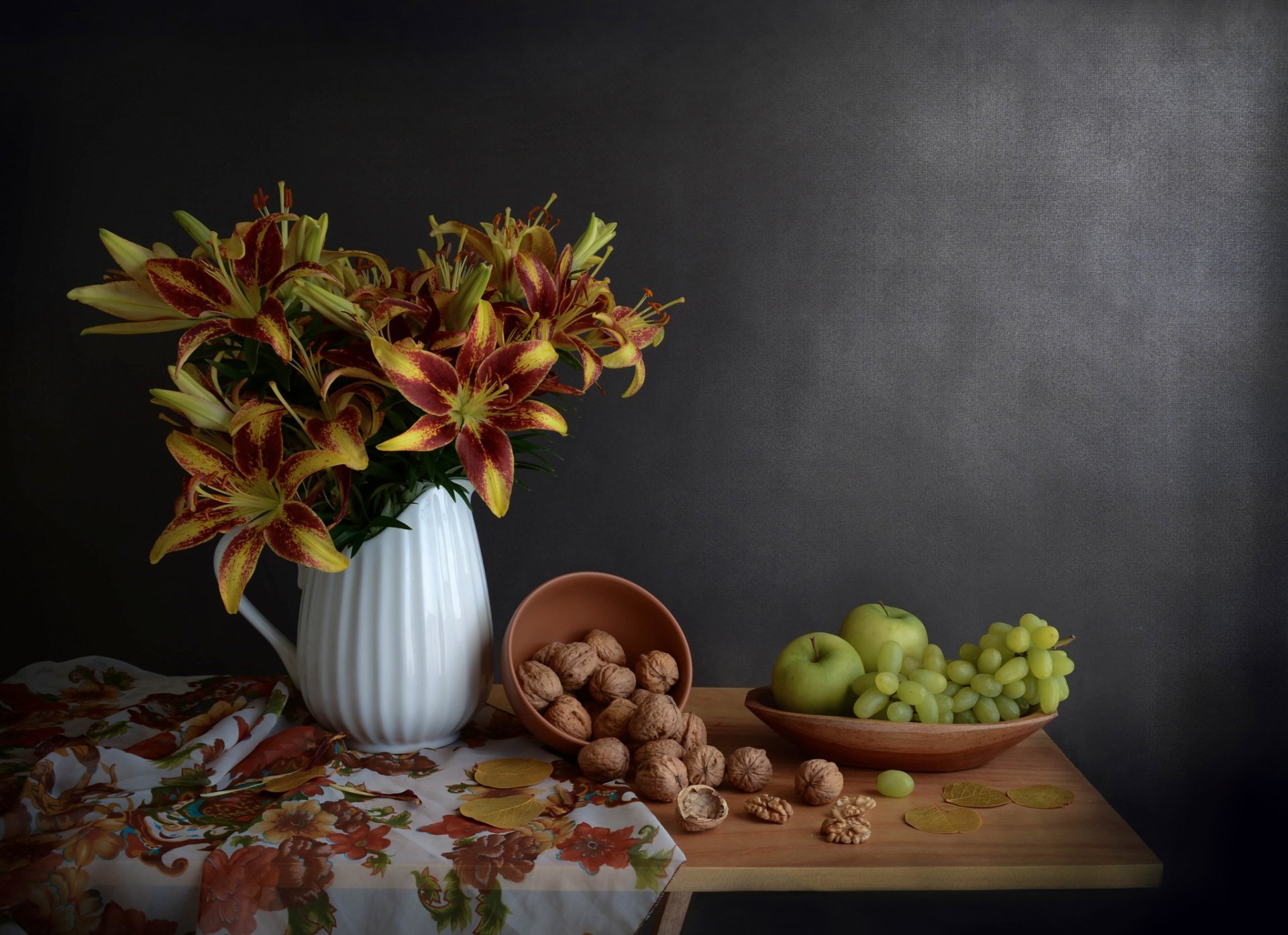 till life flower lilies nuts apples grape