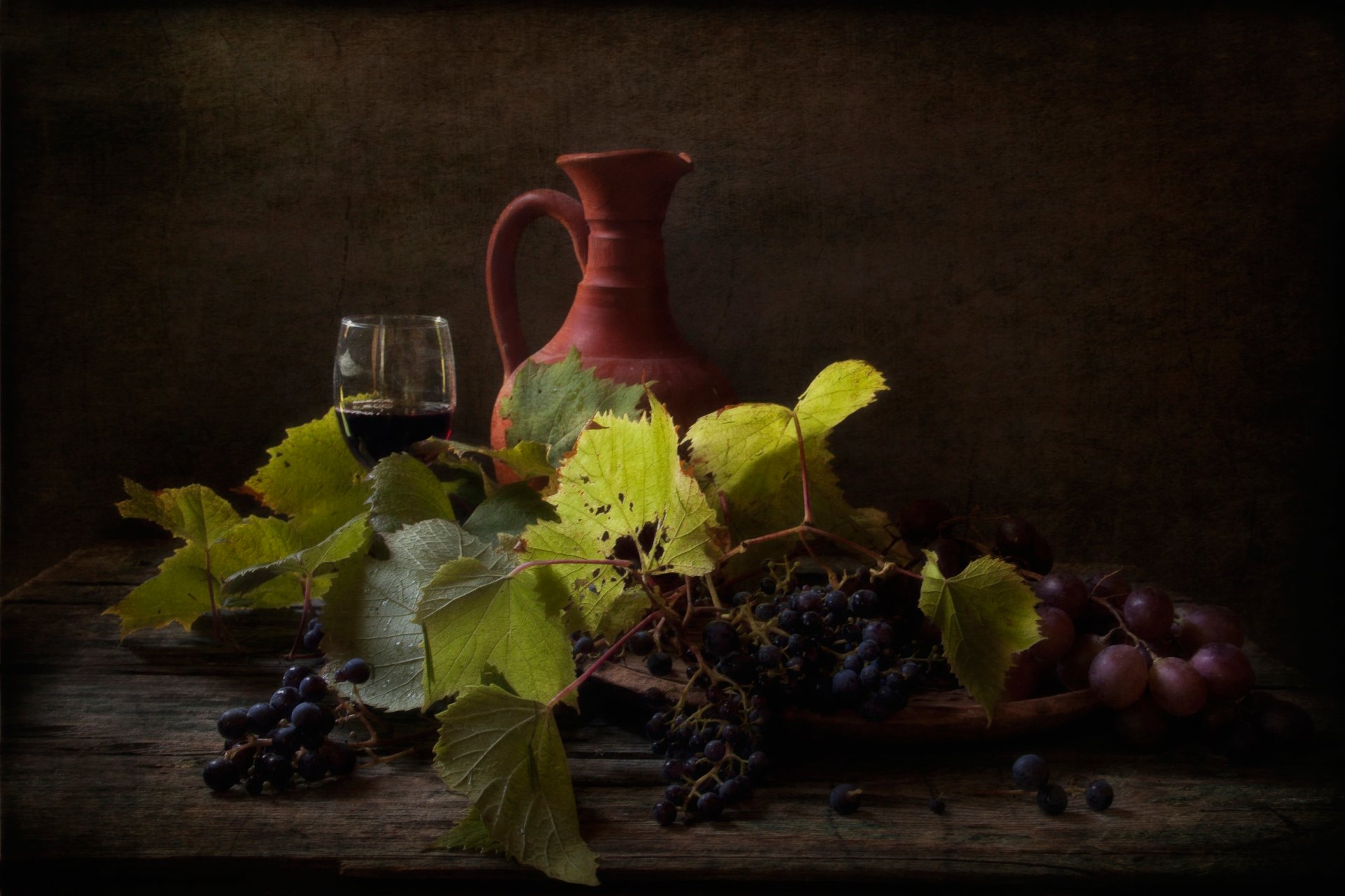 pitcher wine grapes still life