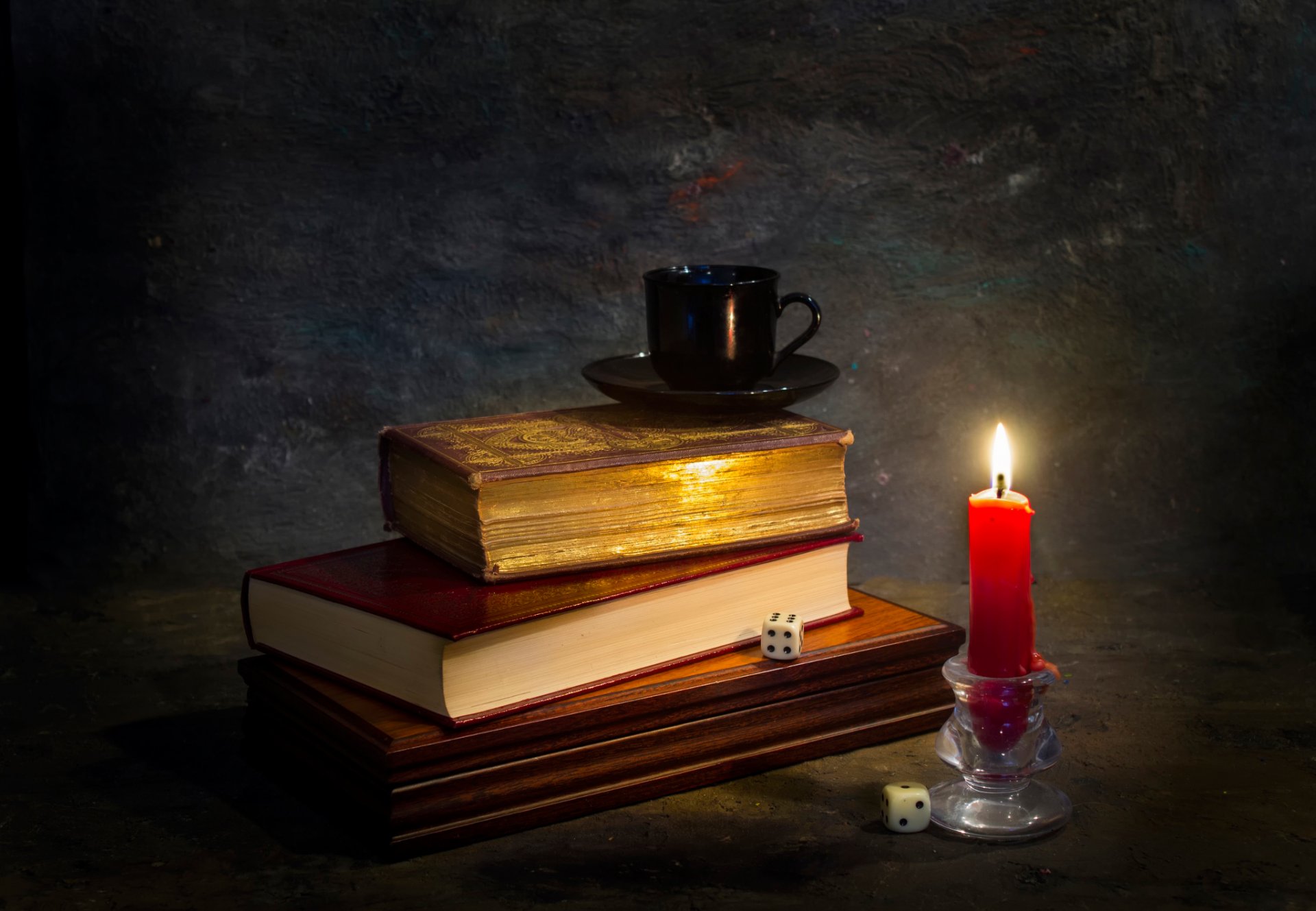 books candle dice