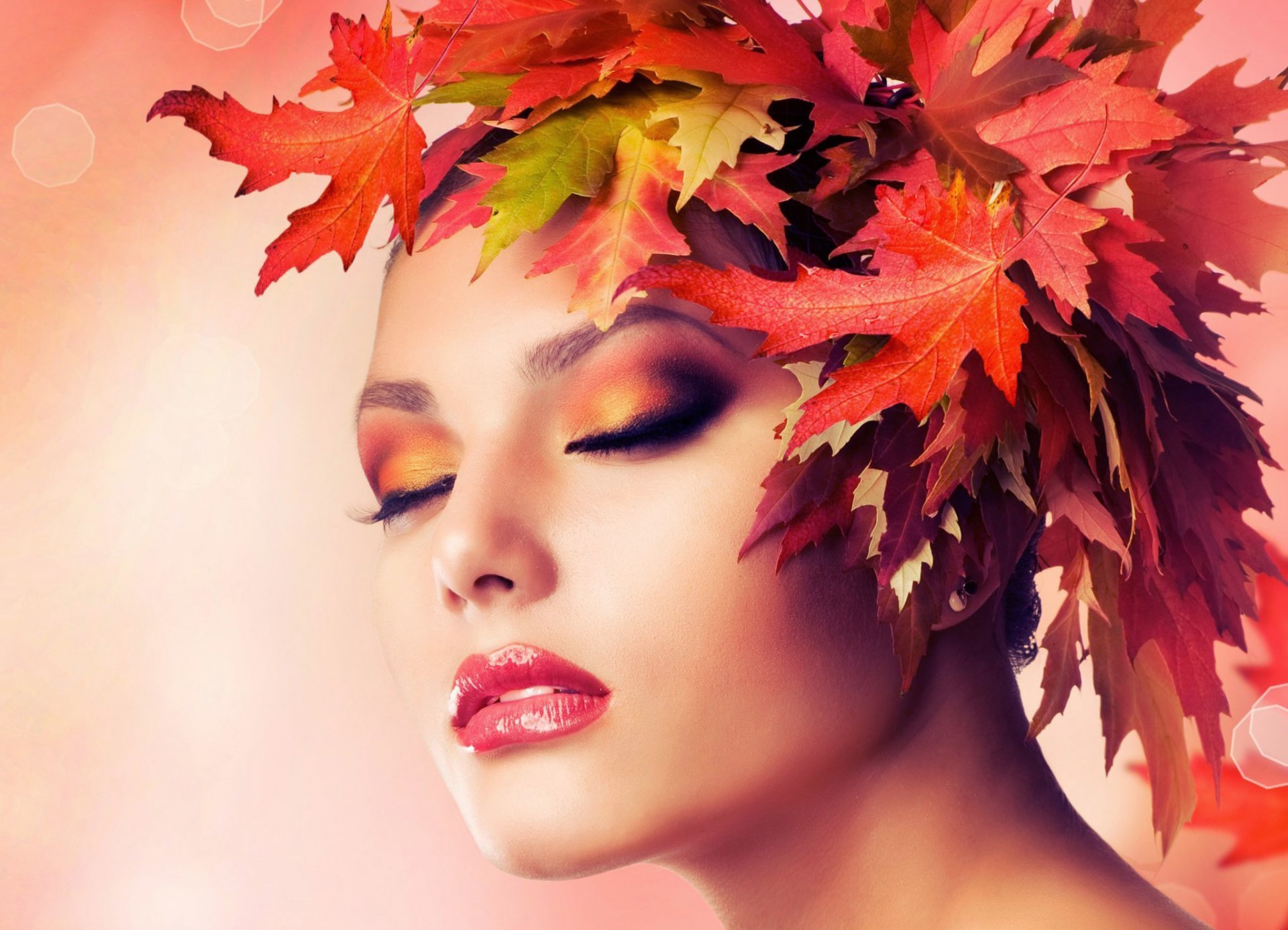 girl face make-up leaves wreath autumn