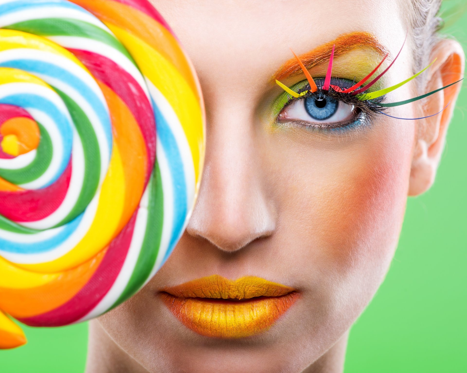 tyle model face make-up eyelash rainbow lips lollipop