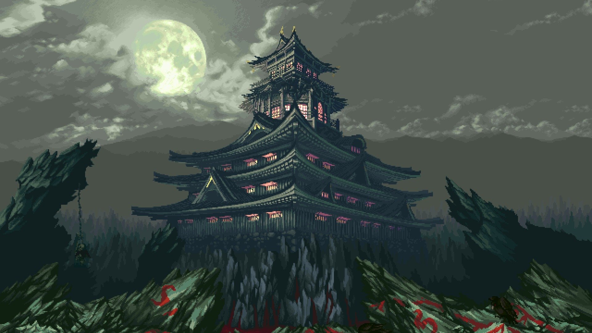 temple rock light moon clouds mountain 8-bit