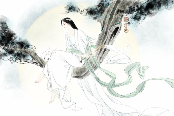 Dessin d une jeune fille japonaise en kimono blanc assis sur une branche d arbre