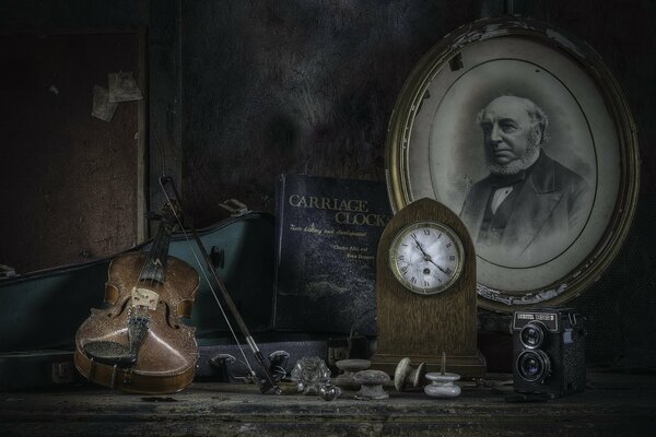 Violin, clock and vintage photo