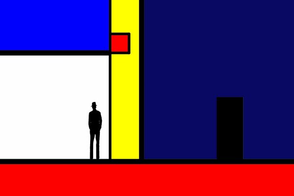 An abstraction with a human figure on a background of blue and yellow squares