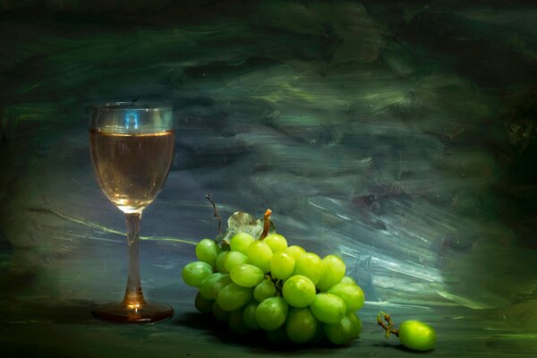 Bodegón con uvas y una Copa de vino