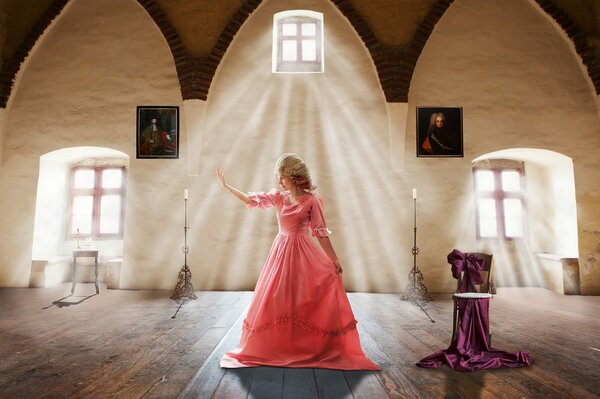 A girl in a red dress in the hall, a picture in the Renaissance style
