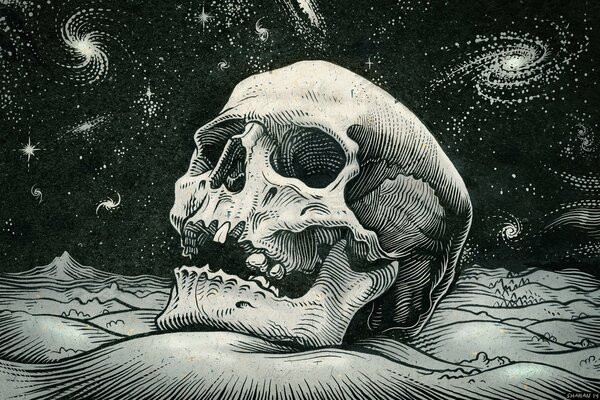 A painted skull in space against the background of stars