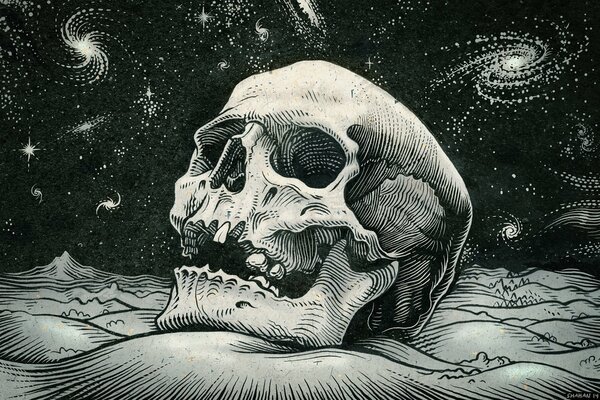 Crâne dessiné dans l espace sur fond d étoiles