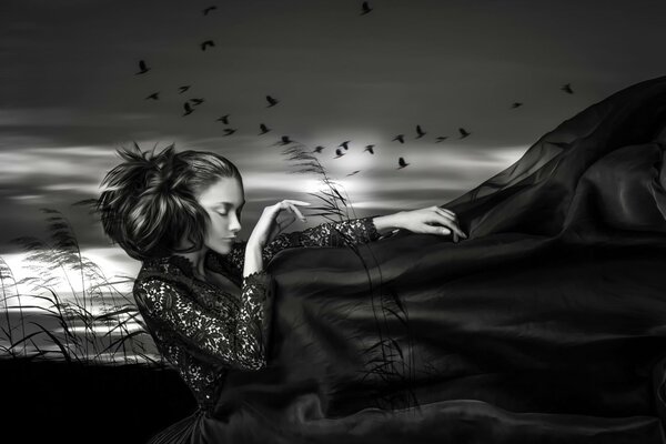 Black and white art with a girl and birds